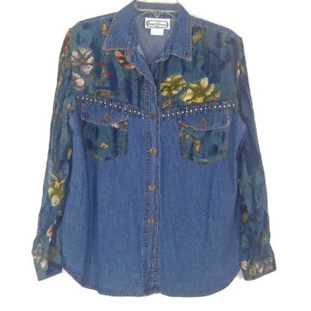 1970's Floral Fringed Beaded Denim Shirt - image 1