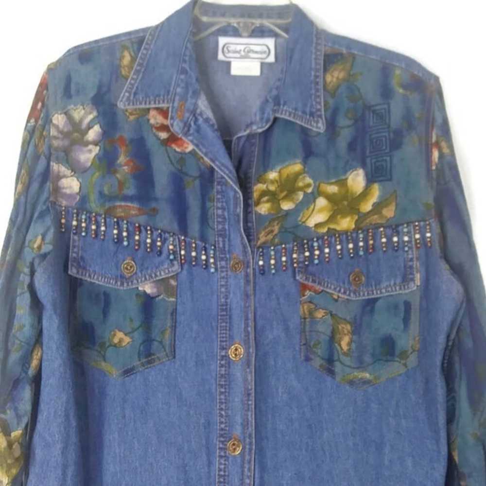 1970's Floral Fringed Beaded Denim Shirt - image 2