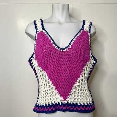 Vintage 70s Crochet Hand Knit Pink and Blue Heart… - image 1