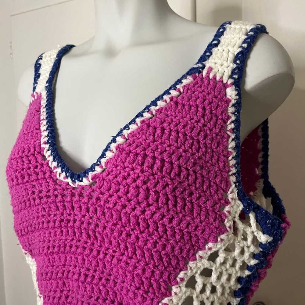 Vintage 70s Crochet Hand Knit Pink and Blue Heart… - image 2