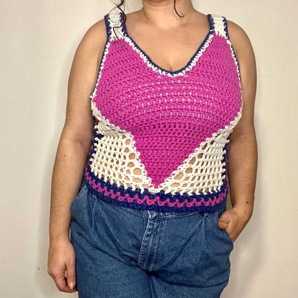 Vintage 70s Crochet Hand Knit Pink and Blue Heart… - image 5