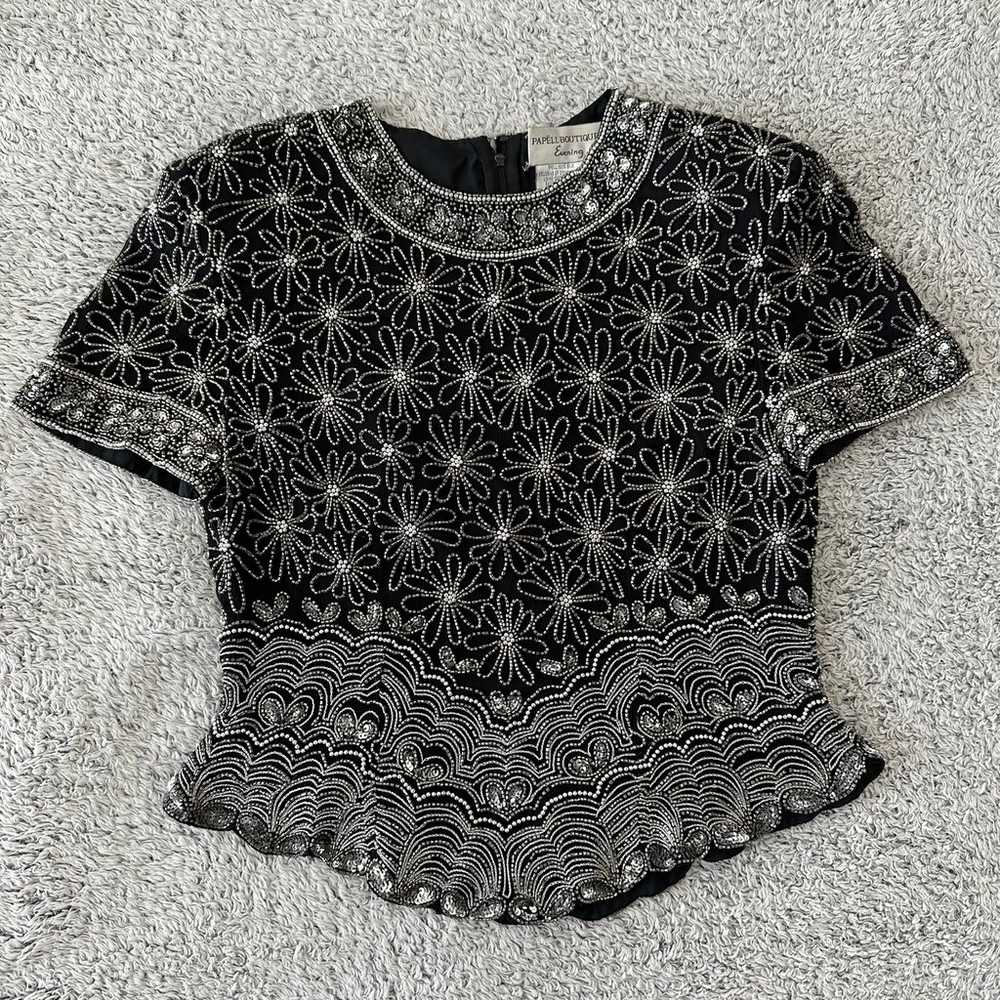 Papell  Boutique Evening Black Silk Beaded Top - image 1