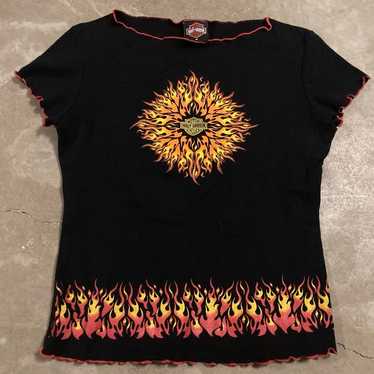 Vintage Harley Davidson T-Shirt Black Top Fire Fl… - image 1