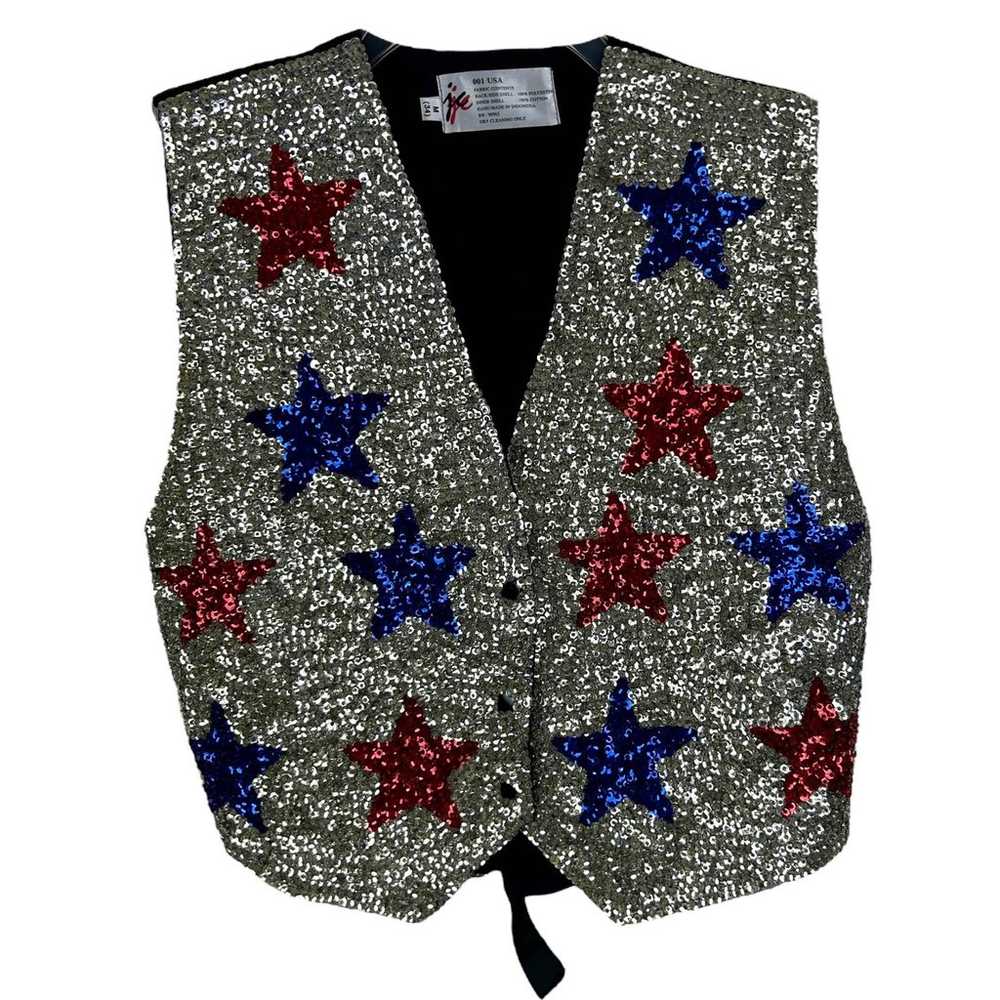 Vintage 1980s Silver Star Sequin Button Front Vest - image 1