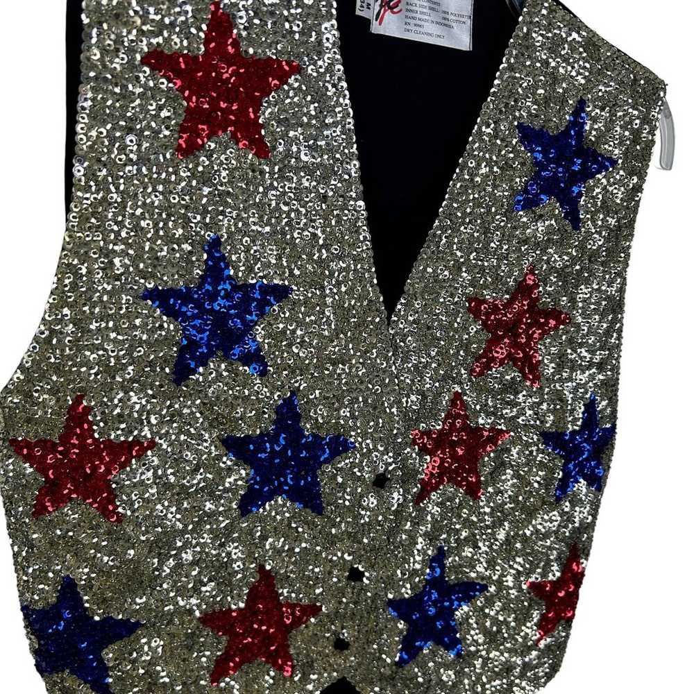 Vintage 1980s Silver Star Sequin Button Front Vest - image 2