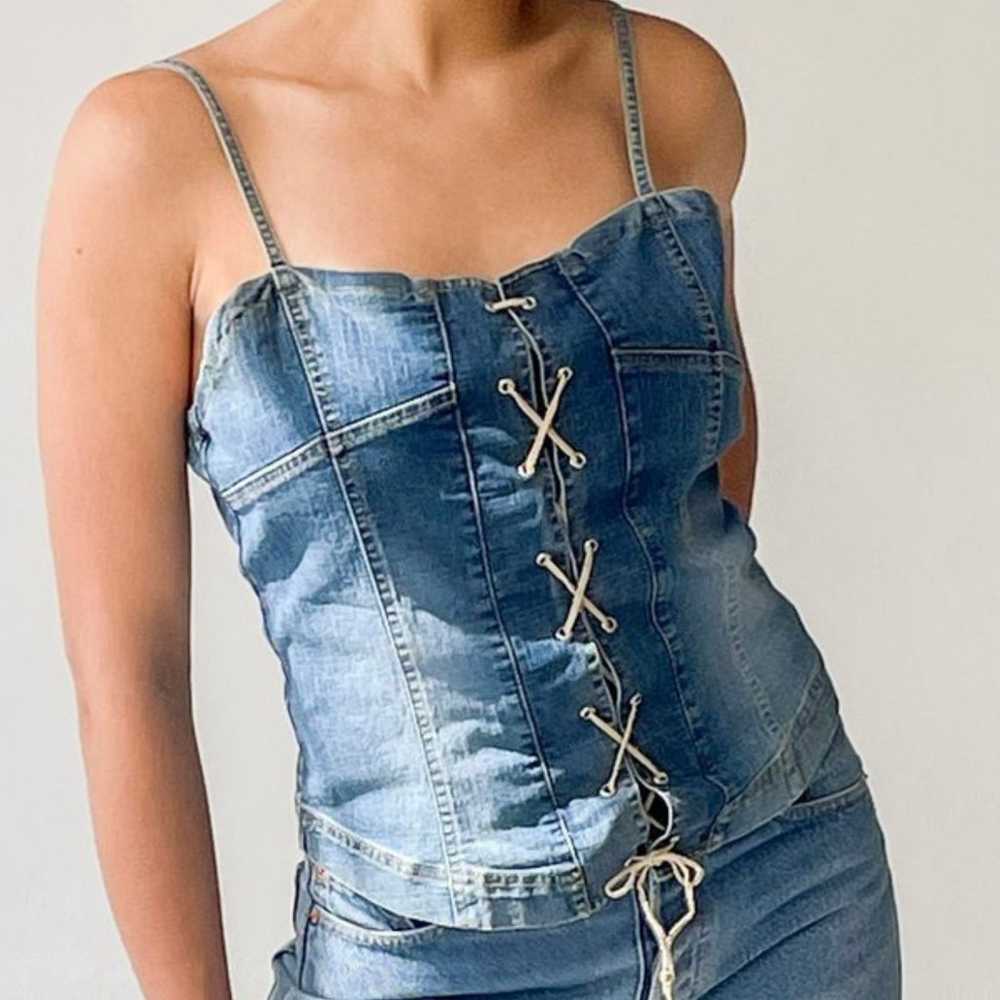 vintage denim lace up top - image 1