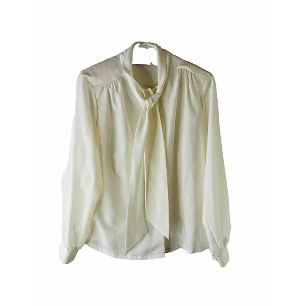 VTG 80s Womens 10 White Pussybow Button Shirt Blo… - image 1