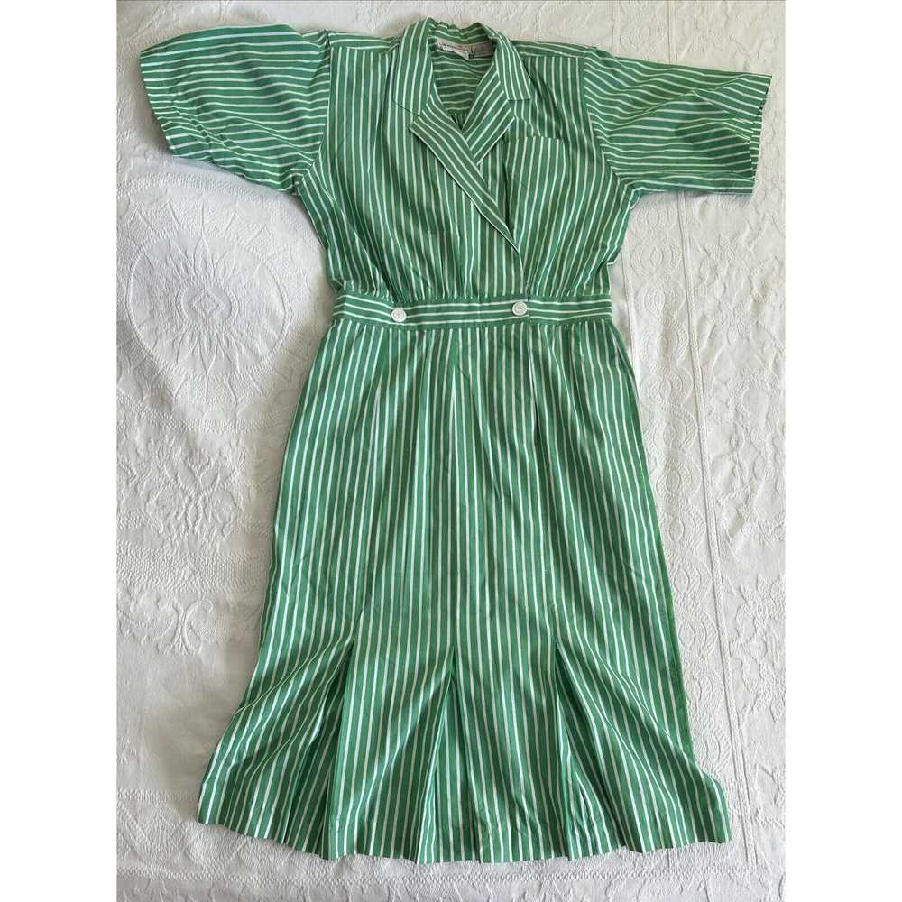 Vintage 80s Neiman Marcus Midi Dress Green White … - image 3