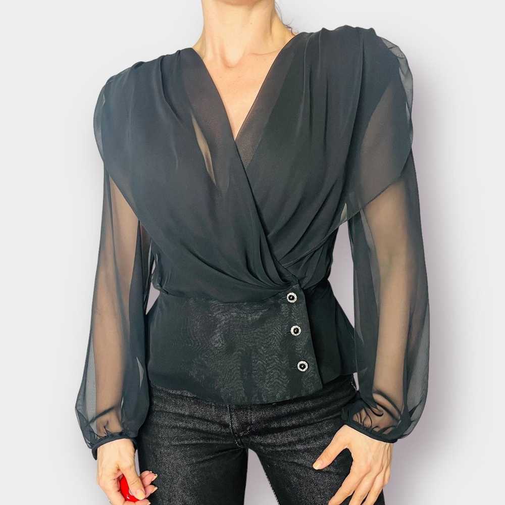 80s Patra Black Sheer Sleeve Dramatic Blouse - image 1