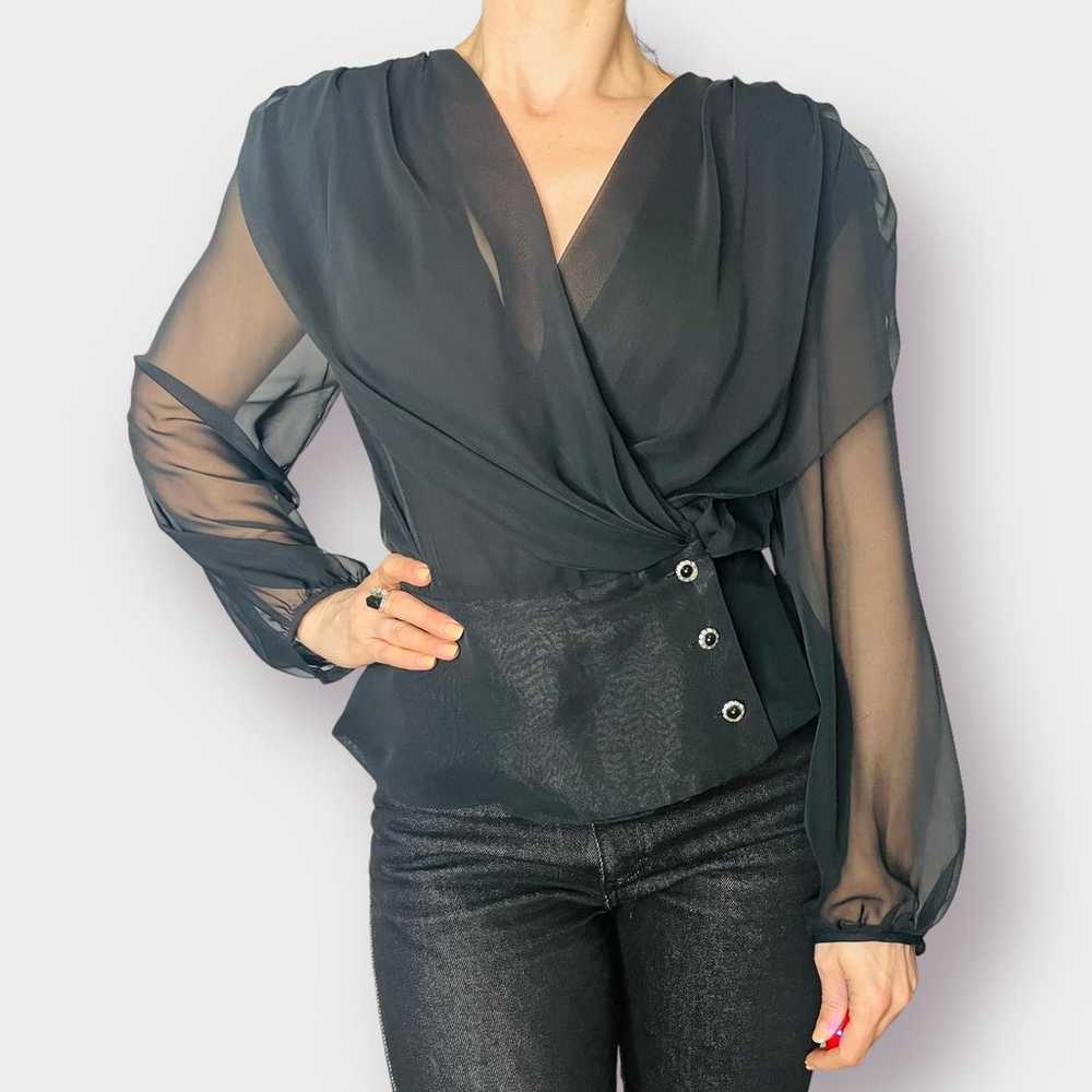 80s Patra Black Sheer Sleeve Dramatic Blouse - image 2