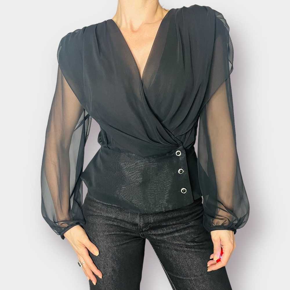 80s Patra Black Sheer Sleeve Dramatic Blouse - image 3