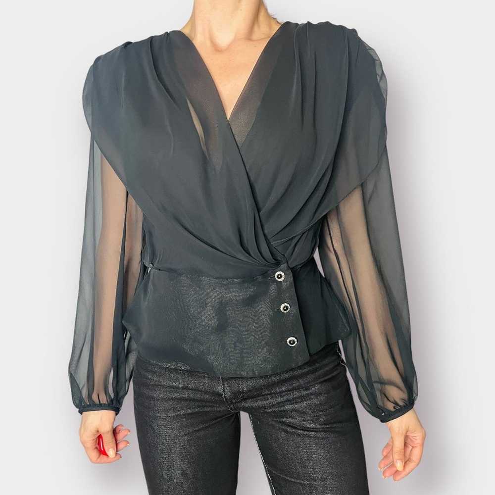 80s Patra Black Sheer Sleeve Dramatic Blouse - image 4