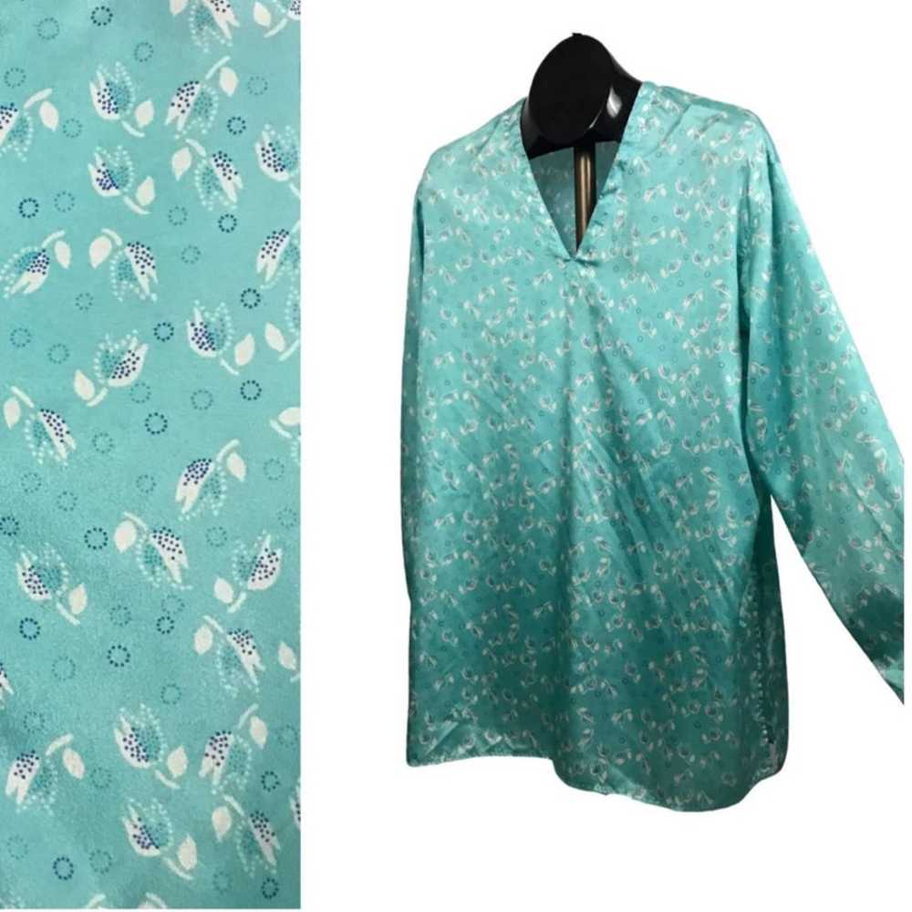 1980s Teal Blue Tulip Flower Silk Long Tunic Blou… - image 1