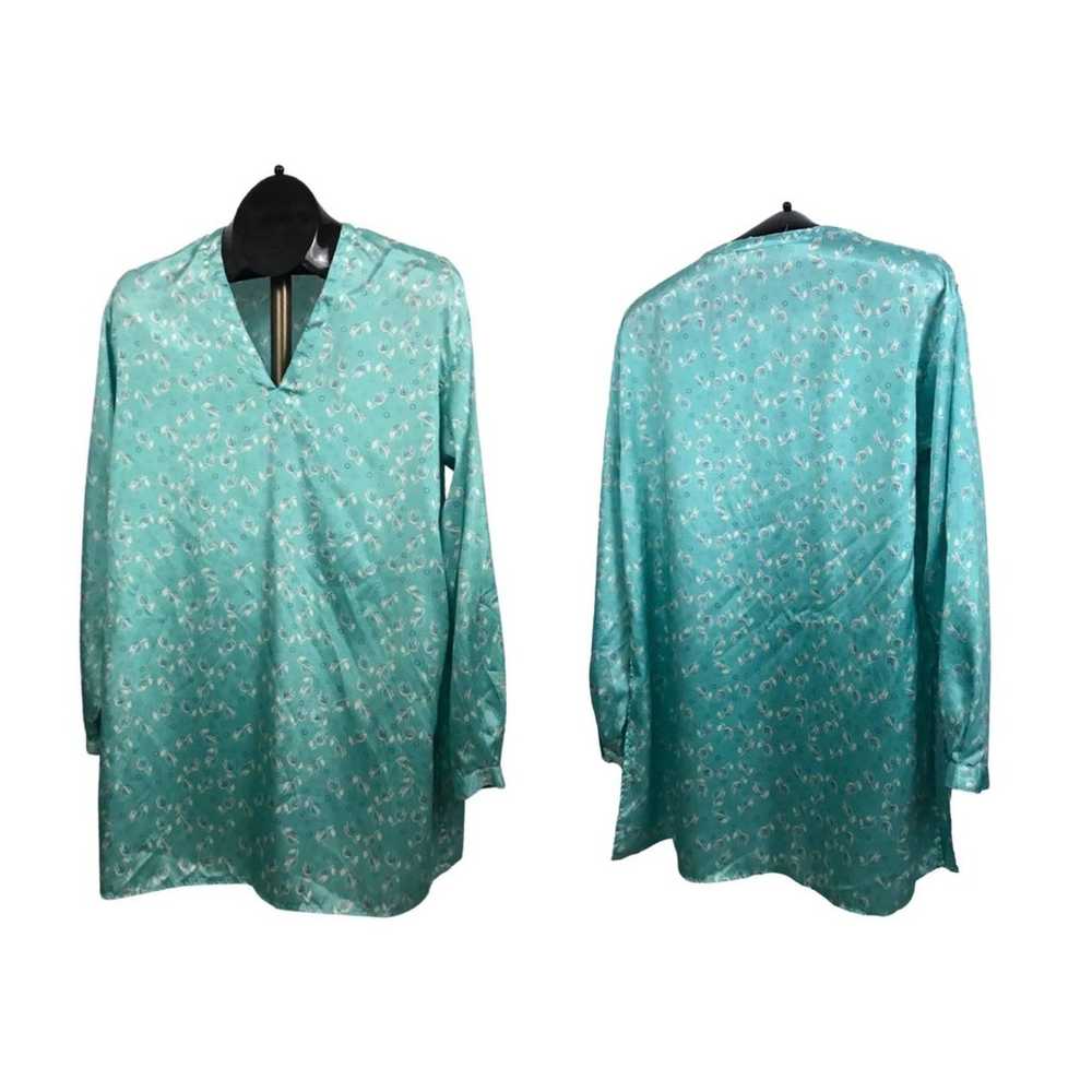 1980s Teal Blue Tulip Flower Silk Long Tunic Blou… - image 3