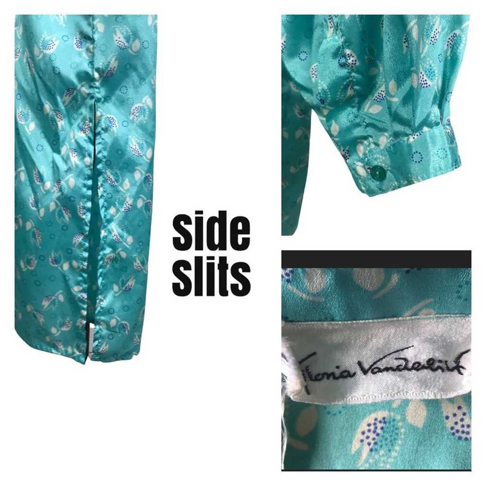 1980s Teal Blue Tulip Flower Silk Long Tunic Blou… - image 4