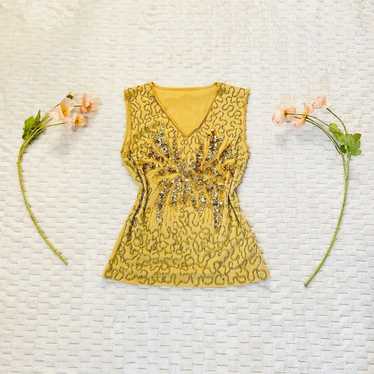 Y2K Yellow Sequin Beaded Mesh Floral Tank Top - image 1