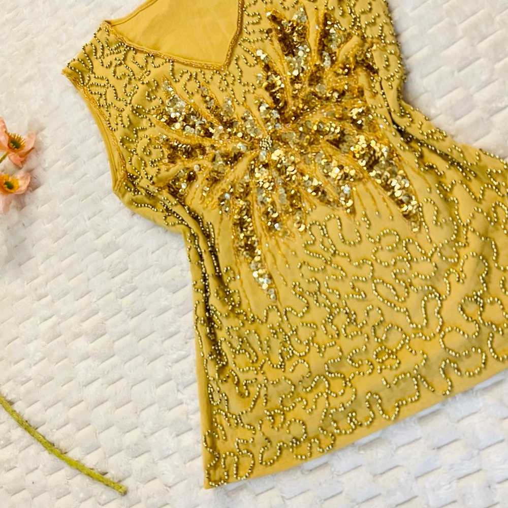 Y2K Yellow Sequin Beaded Mesh Floral Tank Top - image 2