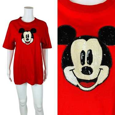 Vintage Sequin Mickey Mouse Tee Face Red Graphic … - image 1