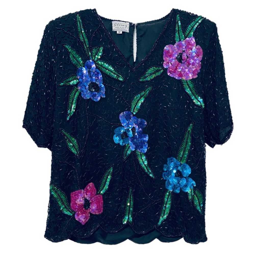 Stenay Vintage Black Silk Sequinned Floral Blouse - image 1