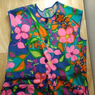 Vintage 60s Neon Day Glo Floral Button Vest Sleev… - image 1