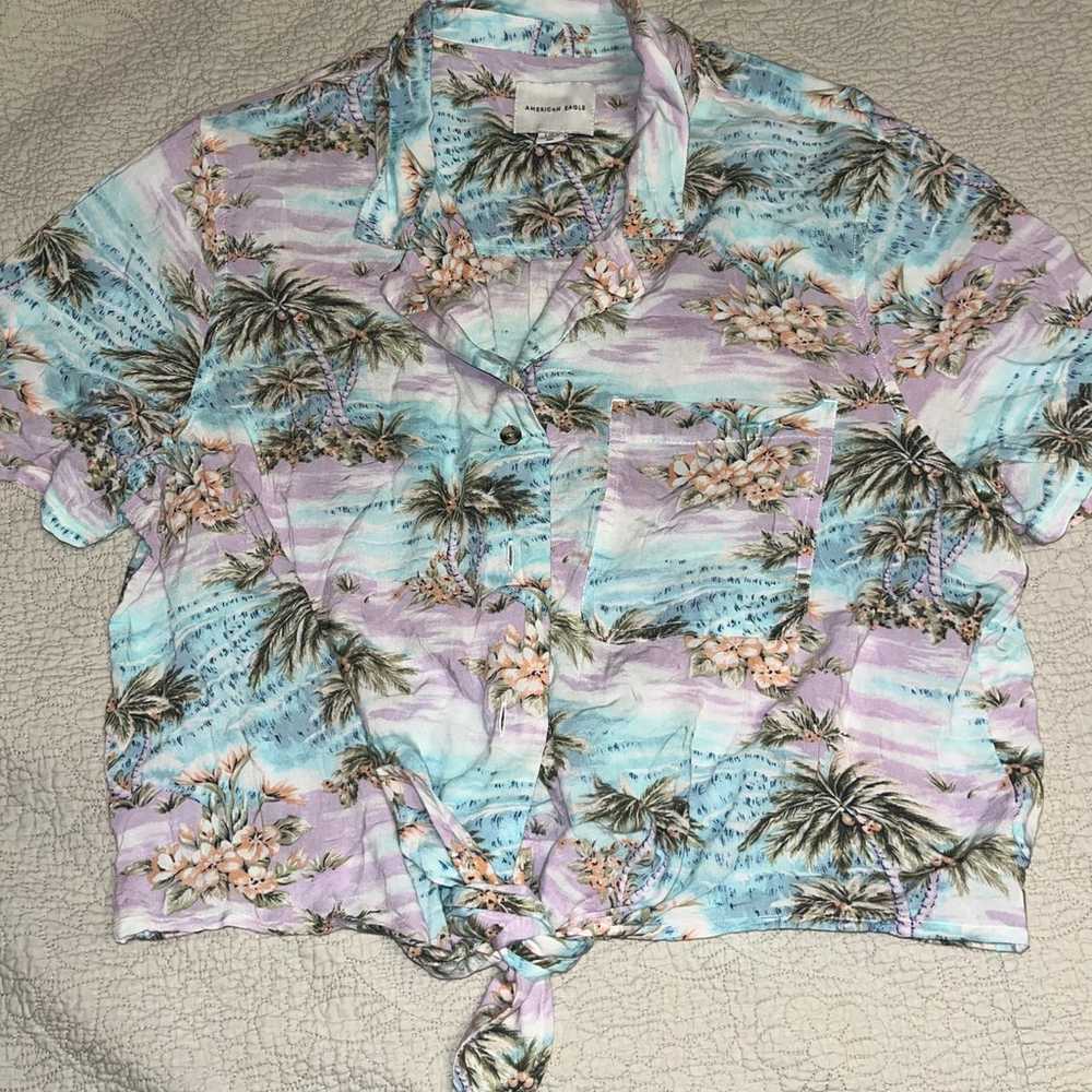 American Eagle Crop Button Up Tropical Tie Front … - image 1