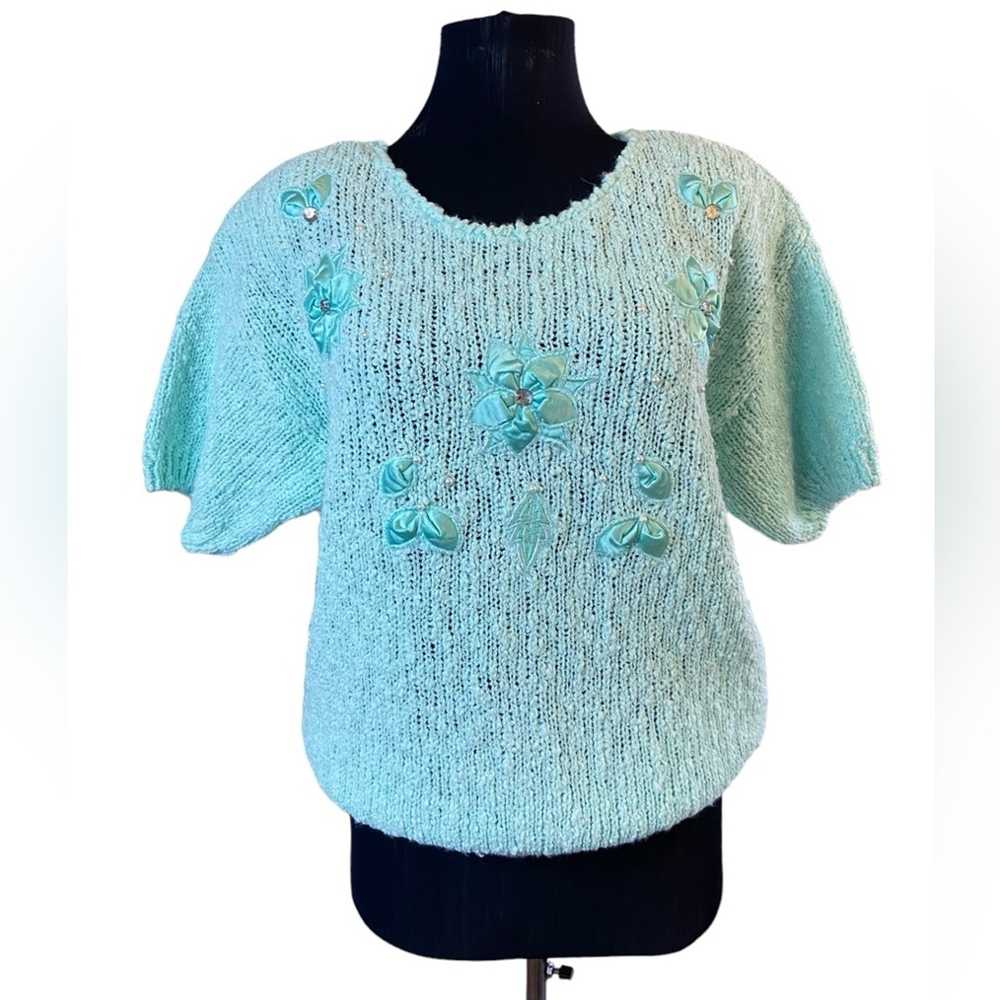 Vintage Partners by Mervyns Teal Knit Short Sleev… - image 1