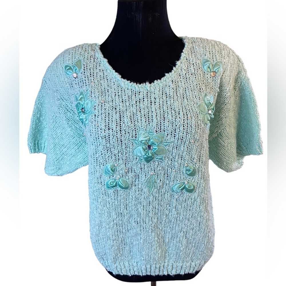 Vintage Partners by Mervyns Teal Knit Short Sleev… - image 8