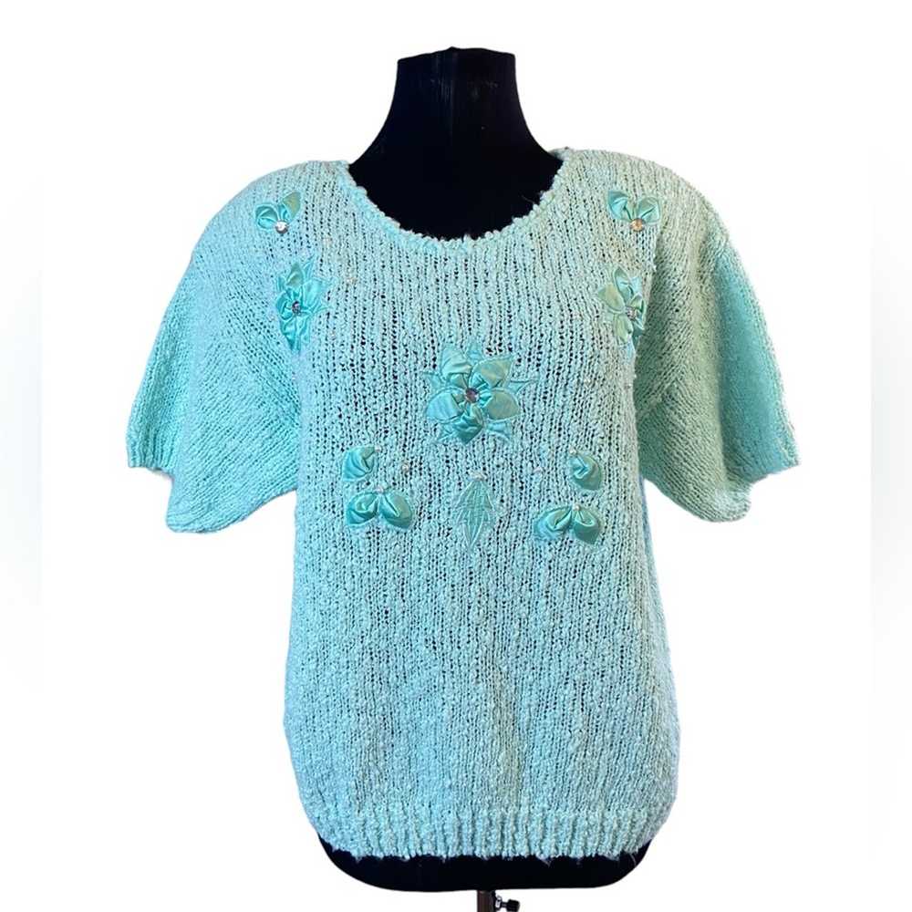 Vintage Partners by Mervyns Teal Knit Short Sleev… - image 9