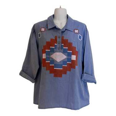 Vintage Aztec Print Denim Quarter Button Top Vill… - image 1