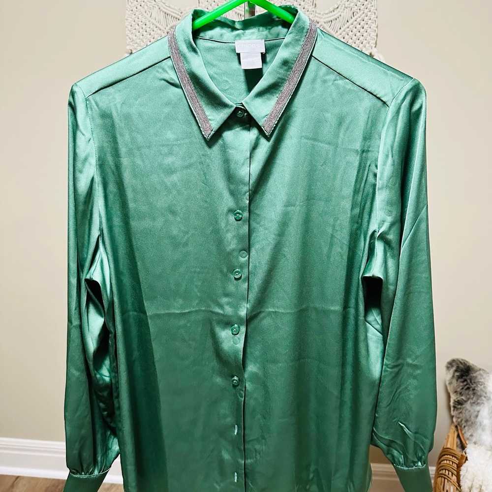 chicos size 2 green satin button up blouse - image 1