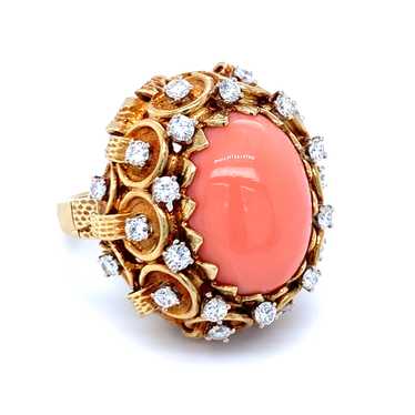 Pink Coral and Diamond 18K Yellow Gold Ring - image 1