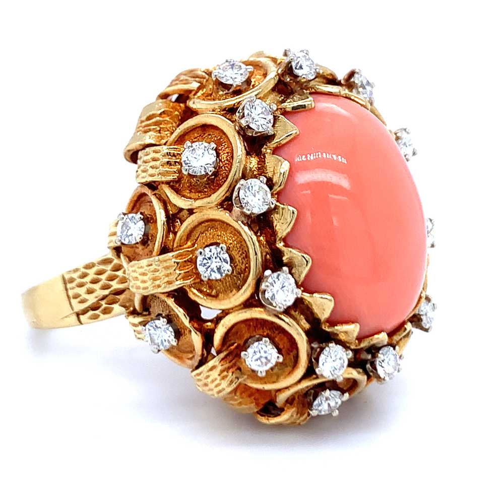 Pink Coral and Diamond 18K Yellow Gold Ring - image 2