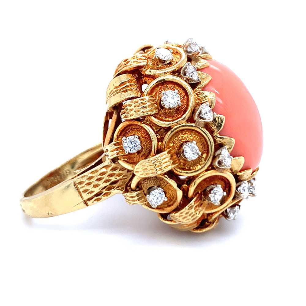 Pink Coral and Diamond 18K Yellow Gold Ring - image 3