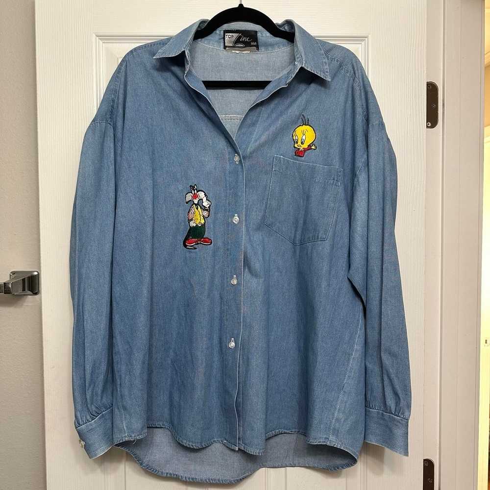 VTG 90s Denim Looney Tunes Embroidered Shirt - image 1