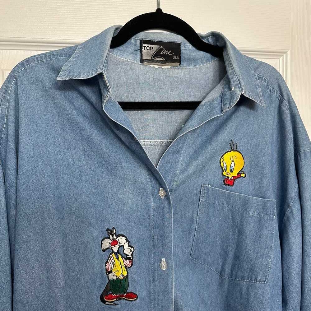 VTG 90s Denim Looney Tunes Embroidered Shirt - image 2