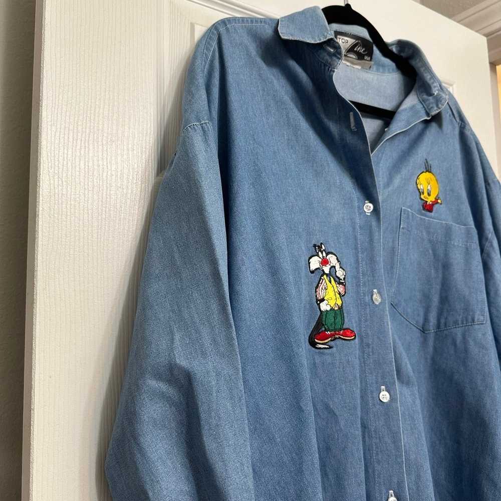 VTG 90s Denim Looney Tunes Embroidered Shirt - image 5