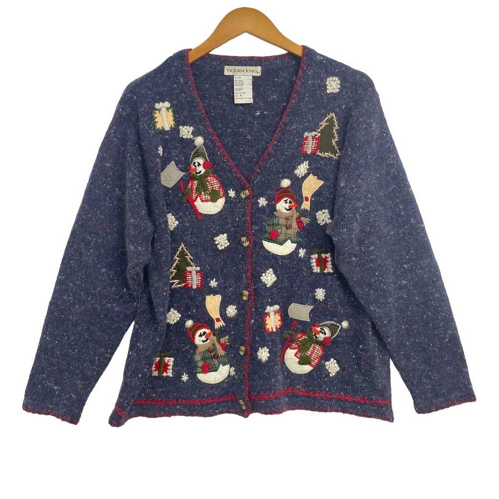 Victoria Jones Snowman Cardigan Womens XL Embroid… - image 1