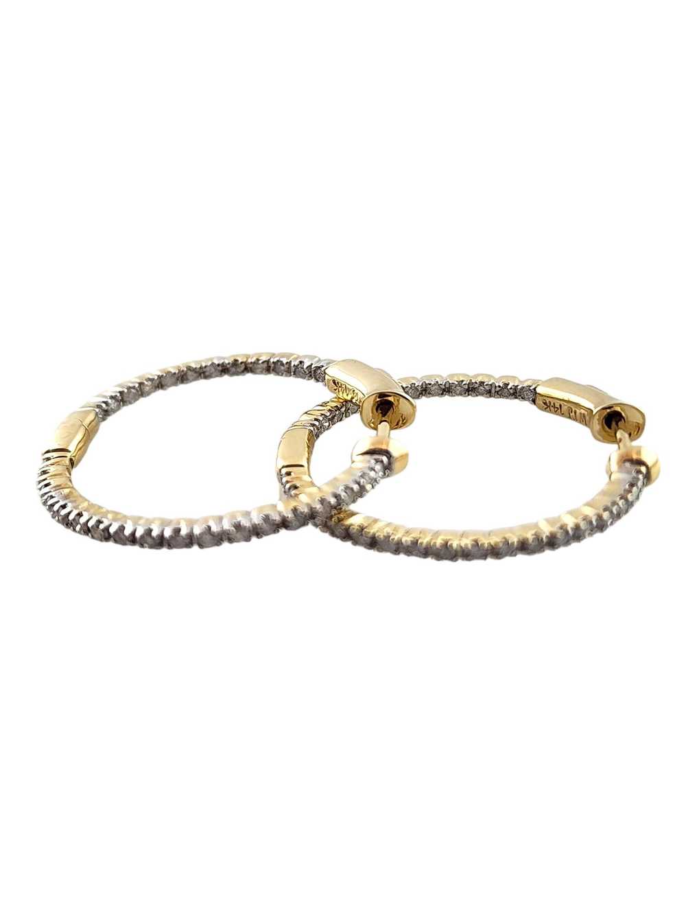 14K Yellow Gold Diamond Hoop Earrings #18307 - image 3