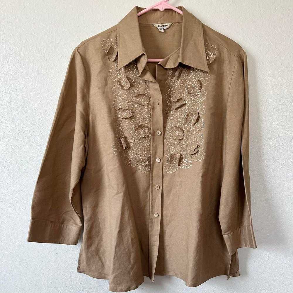 Vintage 90s Brown Floral Embroidered Button Up Bl… - image 3