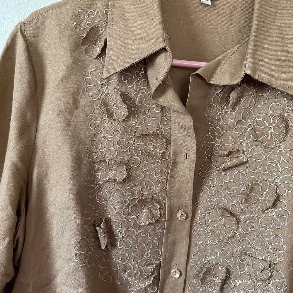 Vintage 90s Brown Floral Embroidered Button Up Bl… - image 5