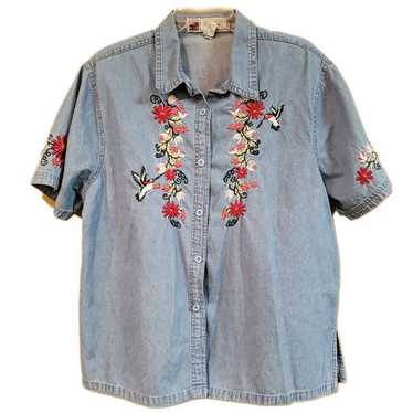 90s Boho Coastal Cowgirl Embroidered Denim Shirt … - image 1