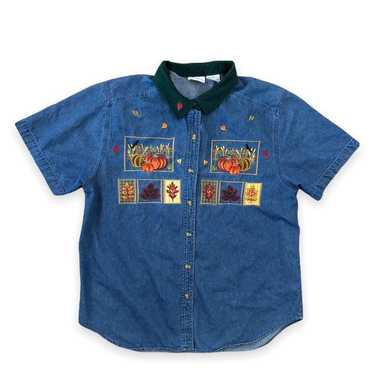 90s Bobbie Brooks Pumpkin Embroidered Denim Butto… - image 1