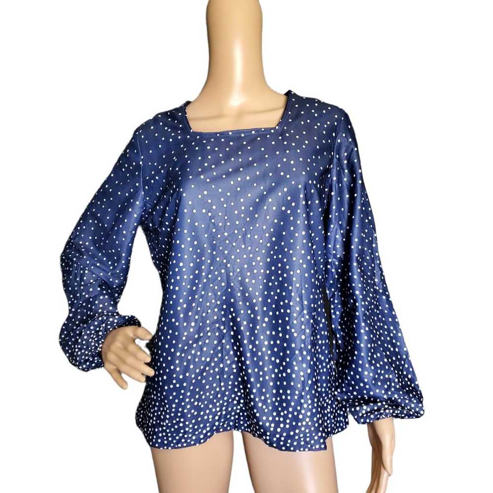 Vintage 70s Blue & White Polka Dot Balloon Sleeve… - image 1