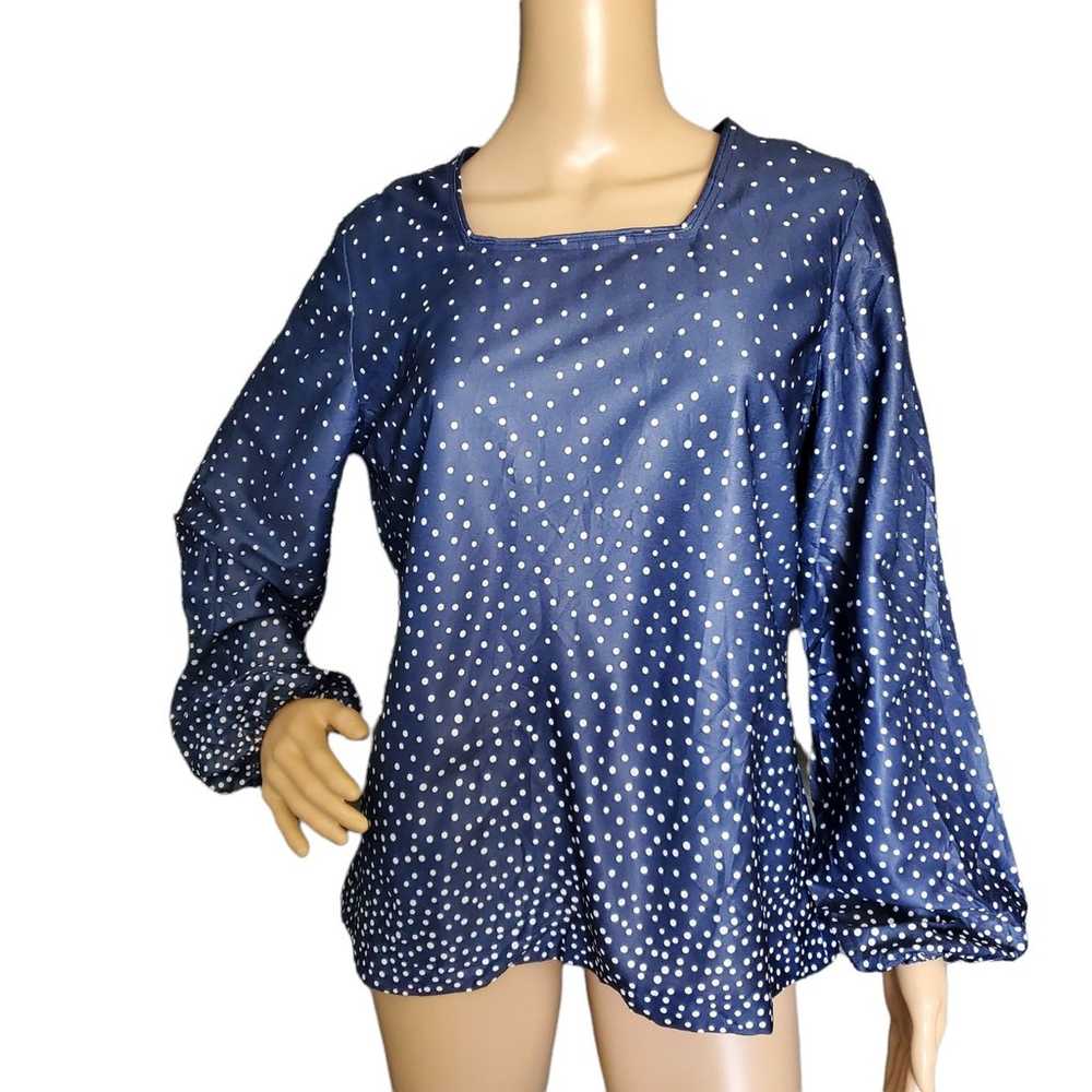 Vintage 70s Blue & White Polka Dot Balloon Sleeve… - image 2