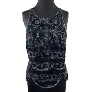 VINTAGE Stenay Black Gray Beaded Silk High Neck T… - image 1