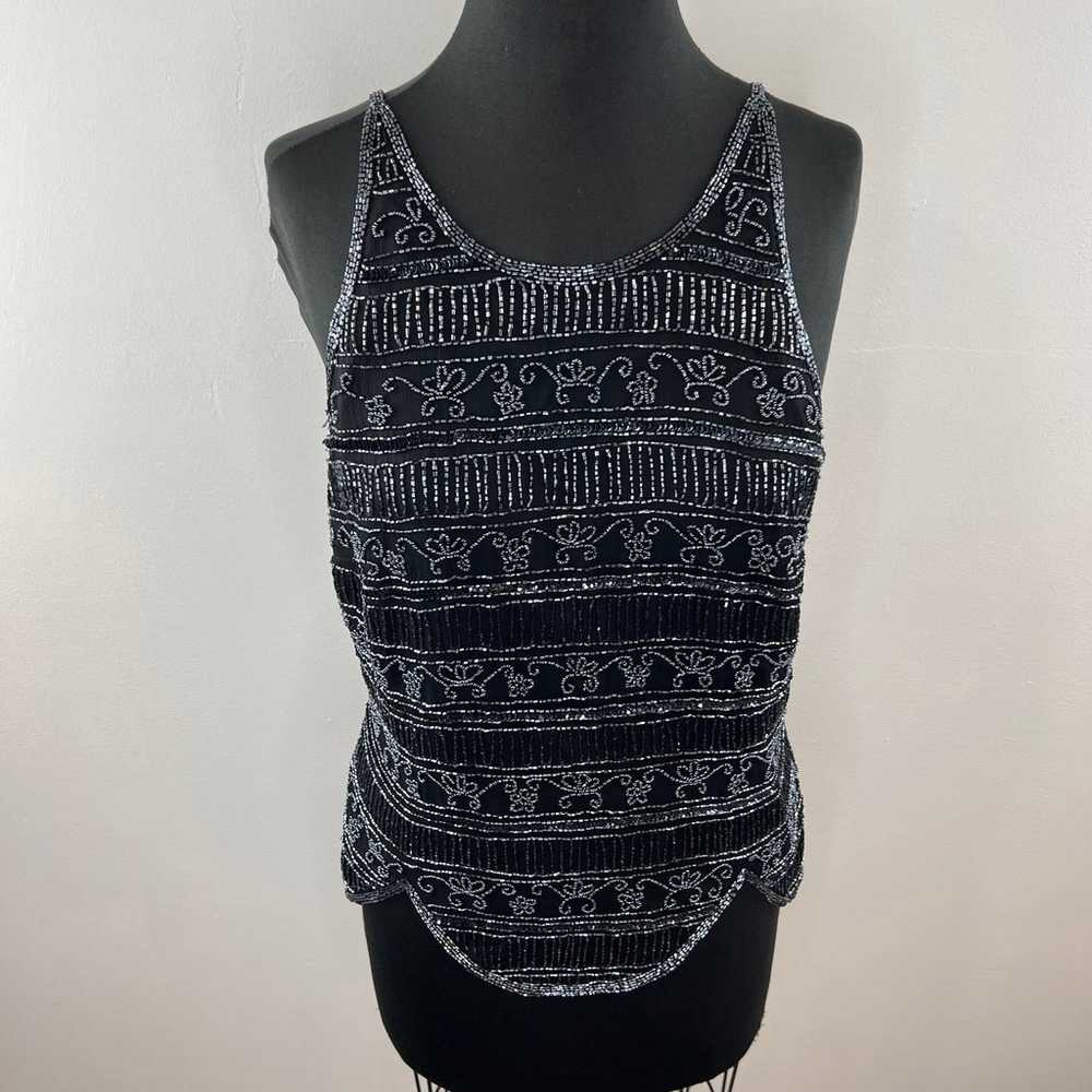 VINTAGE Stenay Black Gray Beaded Silk High Neck T… - image 2