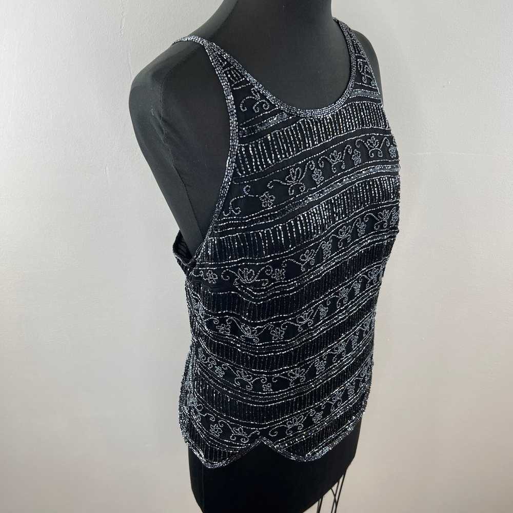 VINTAGE Stenay Black Gray Beaded Silk High Neck T… - image 4