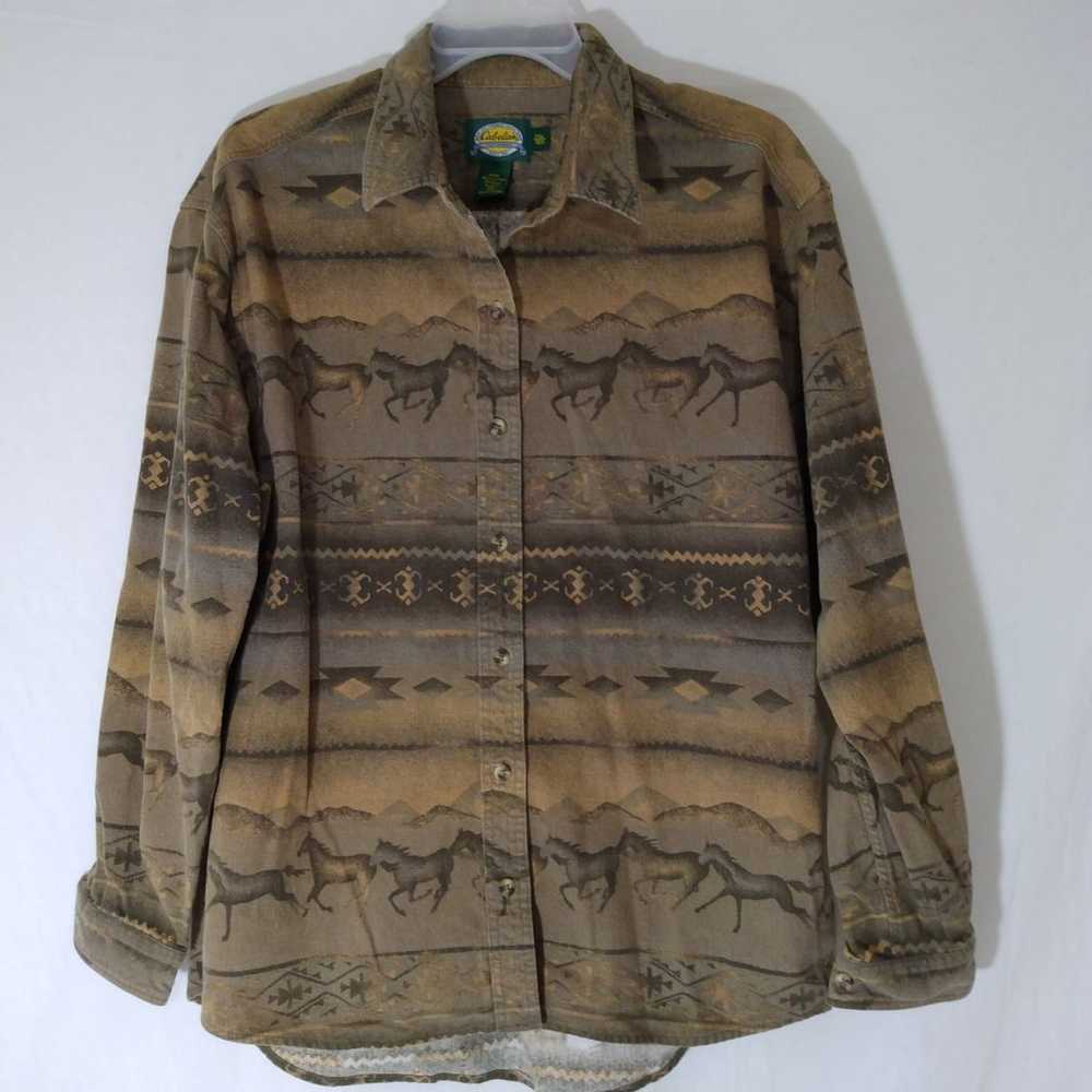 VINTAGE Womens Cabelas Aztec Running Horses Flann… - image 1