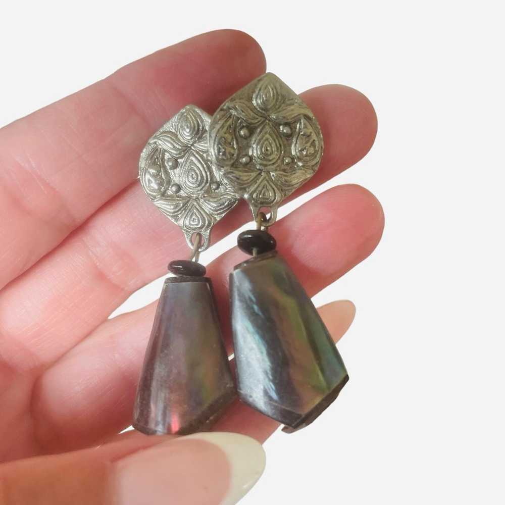 Dangle Pewter Tone Earrings Natural Stone Vintage - image 1