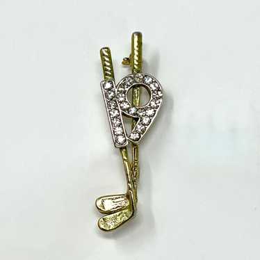 Vintage Golf 19th Hole Rhinestone Brooch, Gold To… - image 1